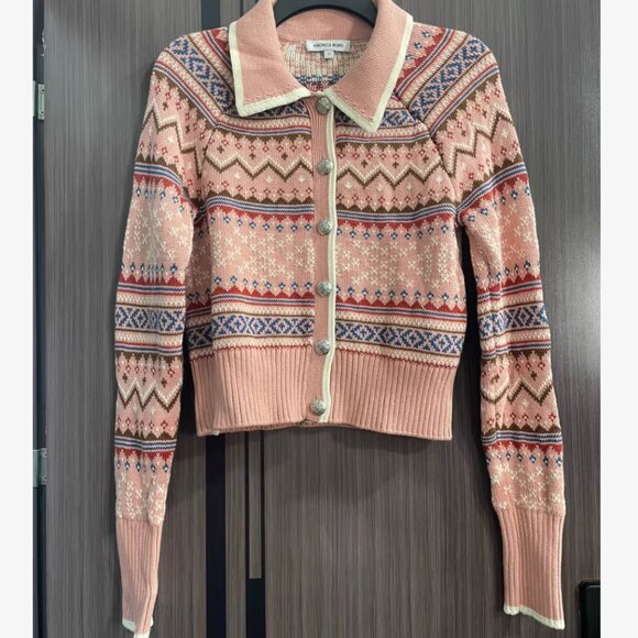 Veronica Beard Cheshire Intarsia Cardigan Rose Fair Isle Pink Knit Holiday - Picture 4 of 7